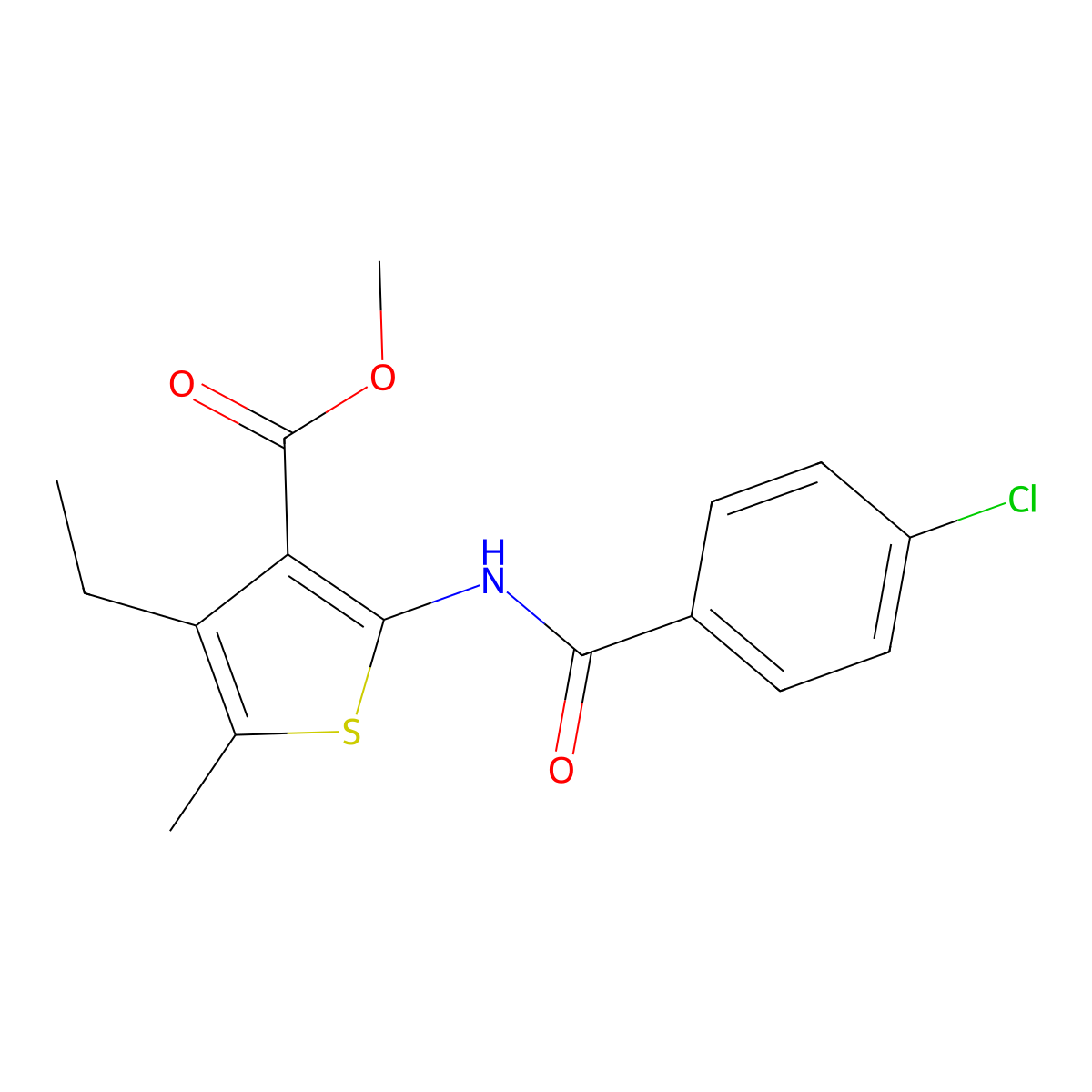 Methyl 2-(4-chlorobenzamido)-4-ethyl-5-methylthiophene-3-carboxylate molecular structure, CAS 544450-68-2