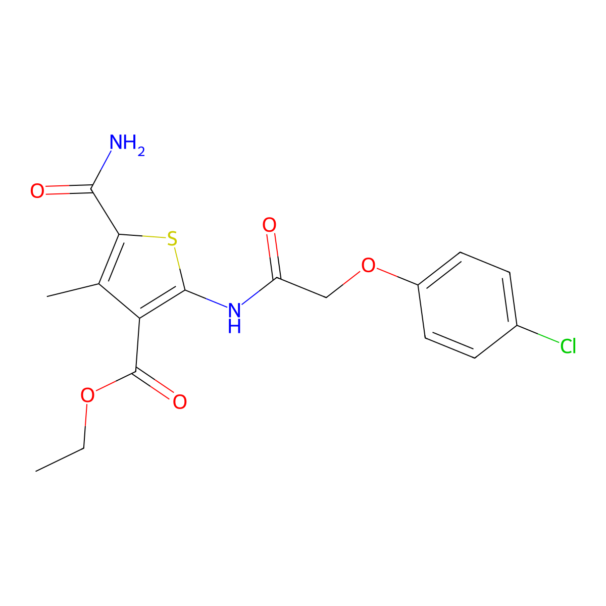 Ethyl 5-carbamoyl-2-{[(4-chlorophenoxy)acetyl]amino}-4-methylthiophene-3-carboxylate molecular structure, CAS 544459-02-1