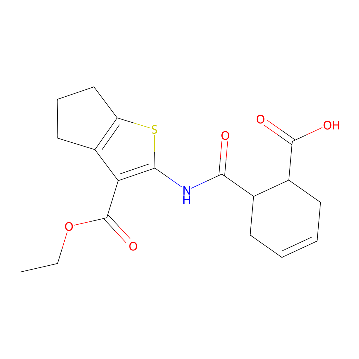 4H-cyclopenta[b]thiophene-3-carboxylic acid, 2-[[(6-carboxy-3-cyclohexen-1-yl)carbonyl]amino]-5,6-dihydro-, 3-ethyl ester molecular structure, CAS 544460-20-0