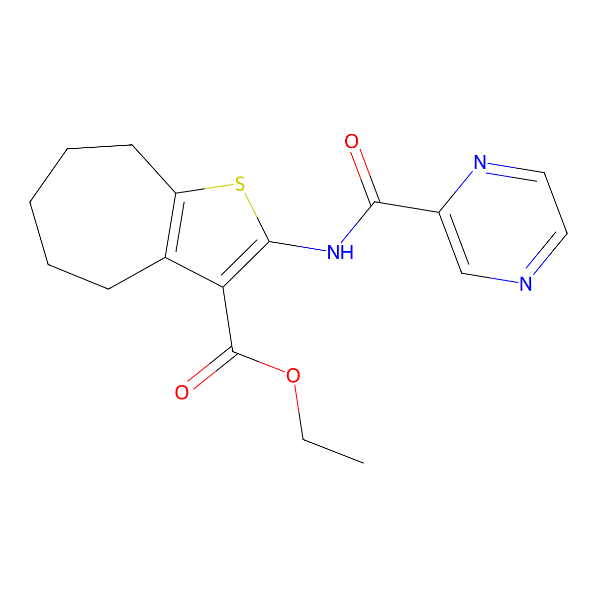 ethyl 2-(pyrazine-2-carbonylamino)-5,6,7,8-tetrahydro-4H-cyclohepta[b]thiophene-3-carboxylate molecular structure, CAS 544460-48-2