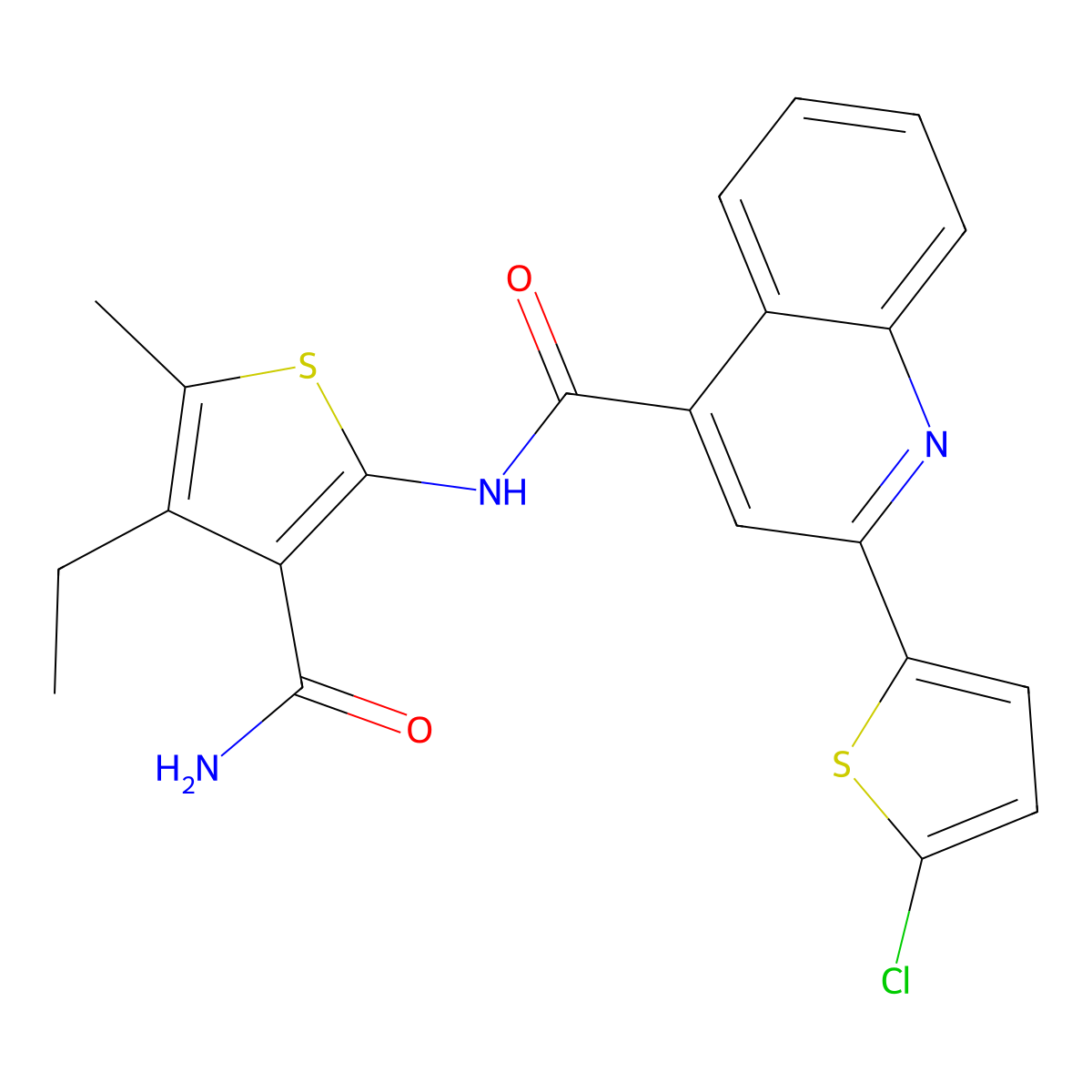 N-(3-carbamoyl-4-ethyl-5-methylthiophen-2-yl)-2-(5-chlorothiophen-2-yl)quinoline-4-carboxamide molecular structure, CAS 544464-21-3