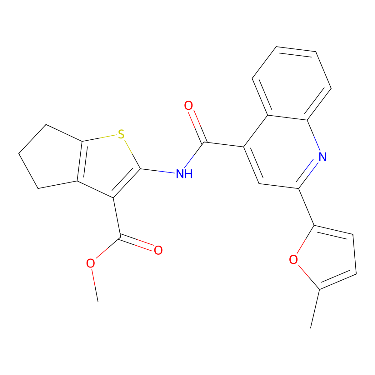 methyl 2-[[2-(5-methylfuran-2-yl)quinoline-4-carbonyl]amino]-5,6-dihydro-4H-cyclopenta[b]thiophene-3-carboxylate molecular structure, CAS 544464-82-6