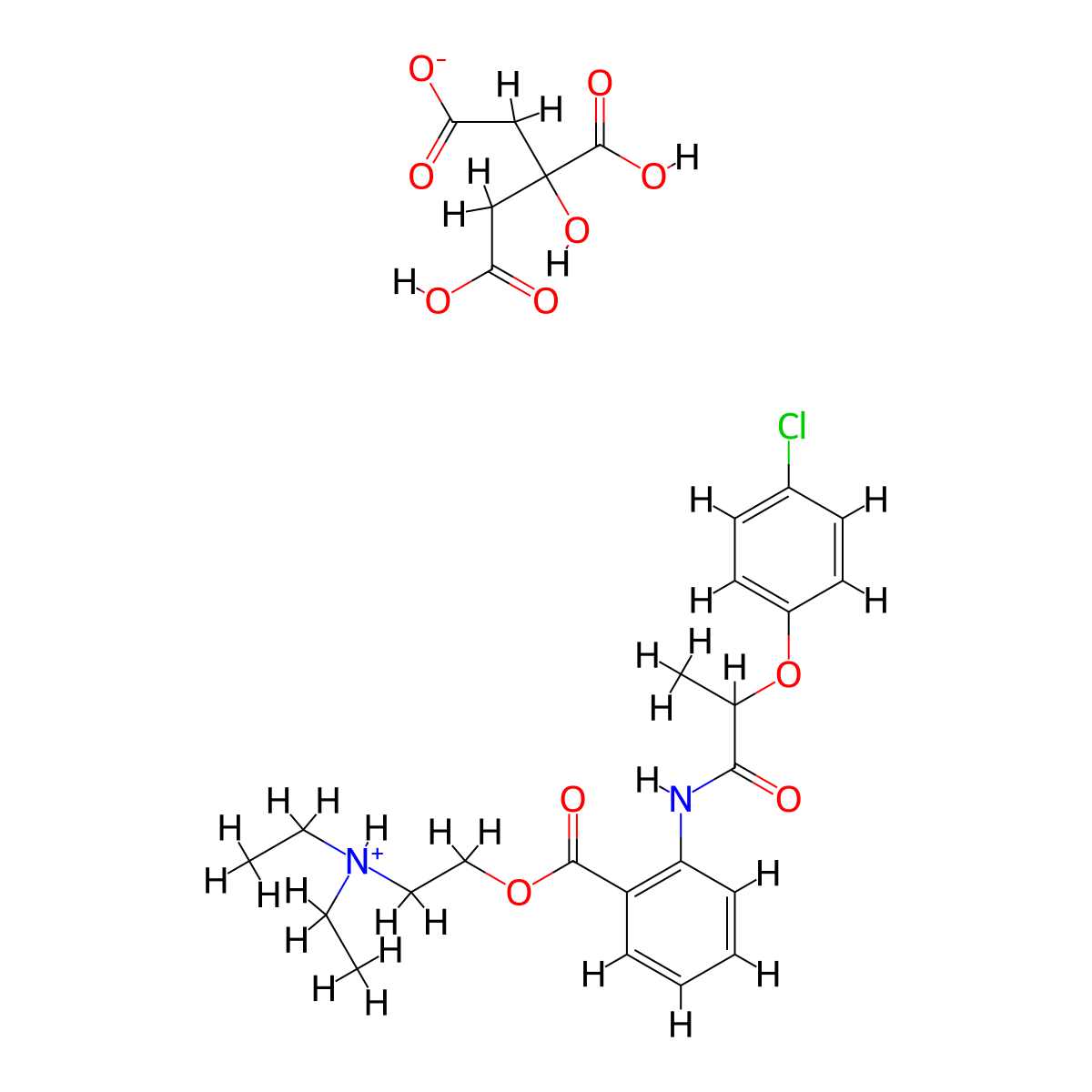 Benzoic acid, 4-((2-(4-chlorophenoxy)-1-oxopropyl)amino)-, 2-(diethylamino)ethyl ester, 2-hydroxy-1,2,3-propanetricarboxylate (1:1) molecular structure, CAS 54451-30-8