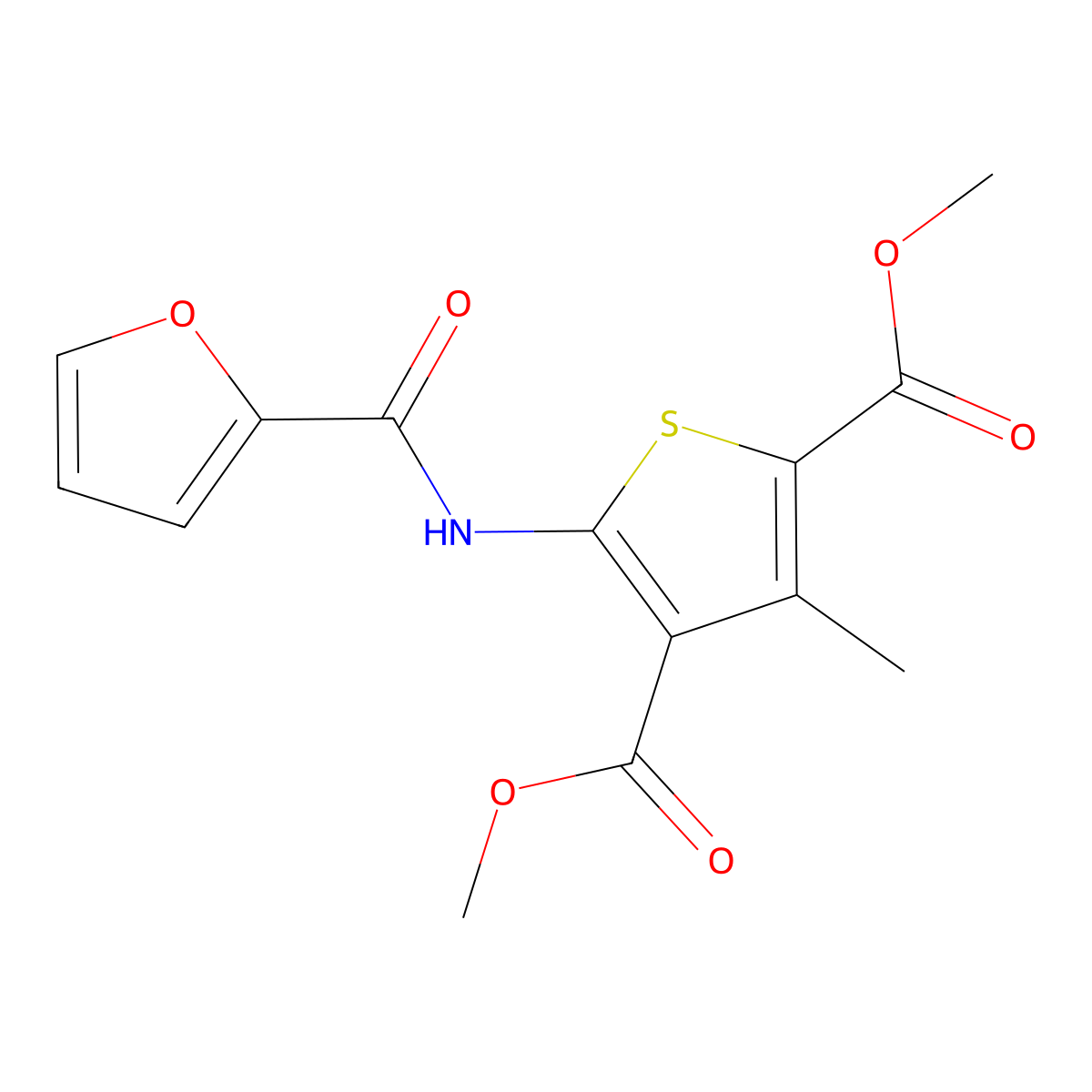 Dimethyl 5-(furan-2-carbonylamino)-3-methylthiophene-2,4-dicarboxylate molecular structure, CAS 544657-89-8