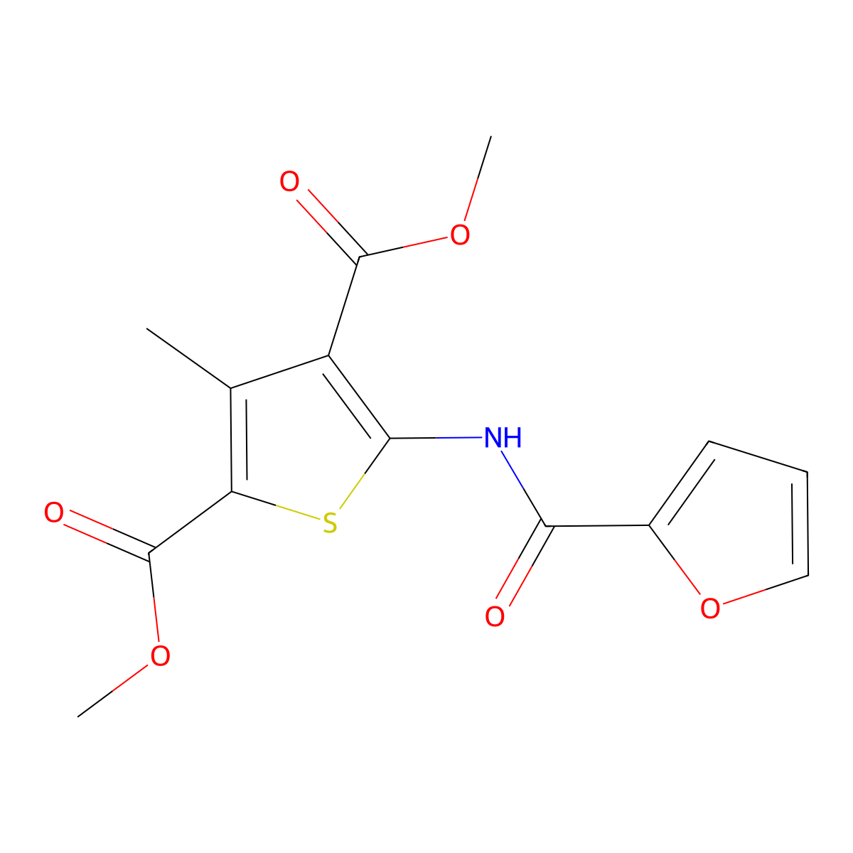 Dimethyl 5-(furan-2-carbonylamino)-3-methylthiophene-2,4-dicarboxylate molecular structure, CAS 544657-89-8
