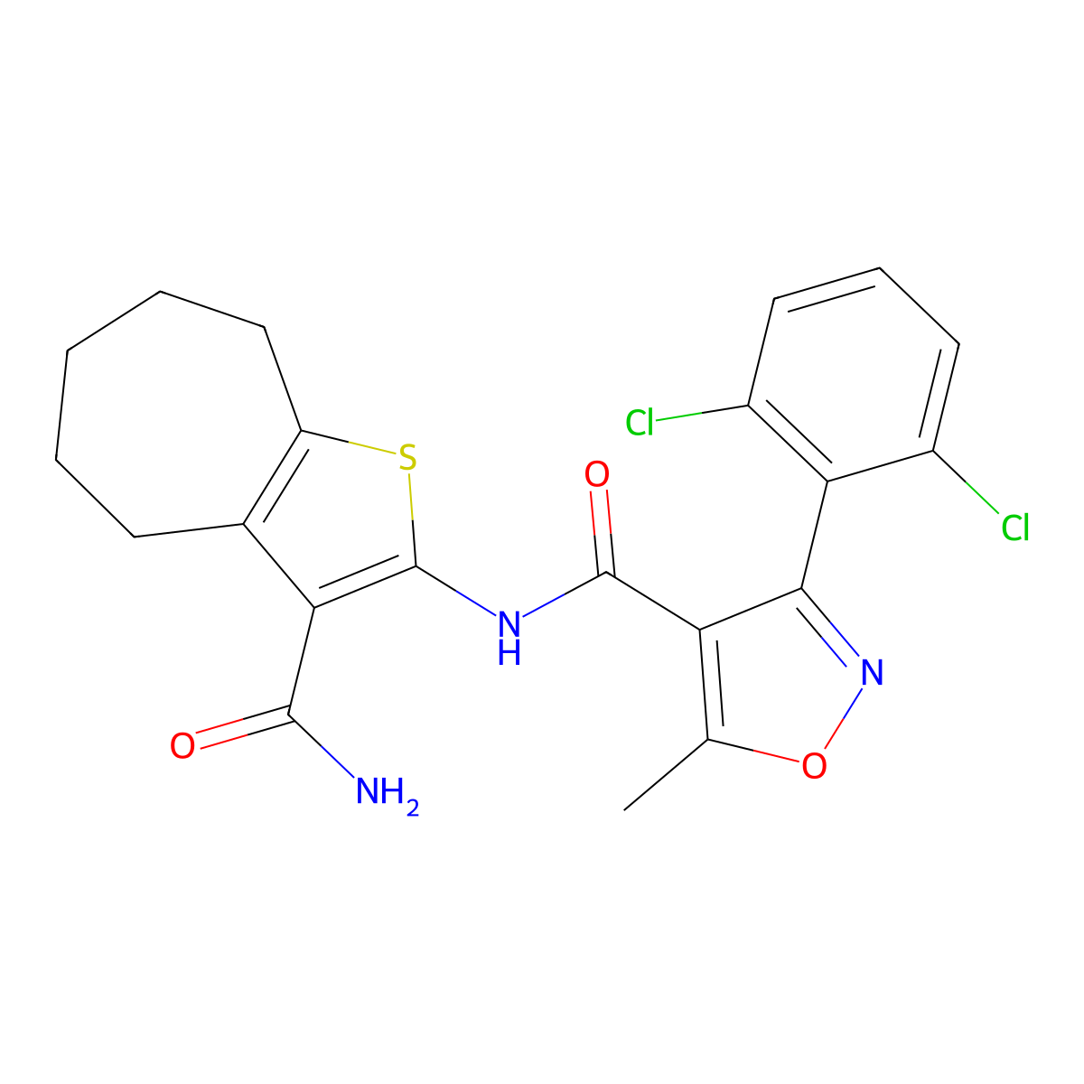 N-(3-carbamoyl-5,6,7,8-tetrahydro-4H-cyclohepta[b]thiophen-2-yl)-3-(2,6-dichlorophenyl)-5-methyl-1,2-oxazole-4-carboxamide molecular structure, CAS 544658-92-6