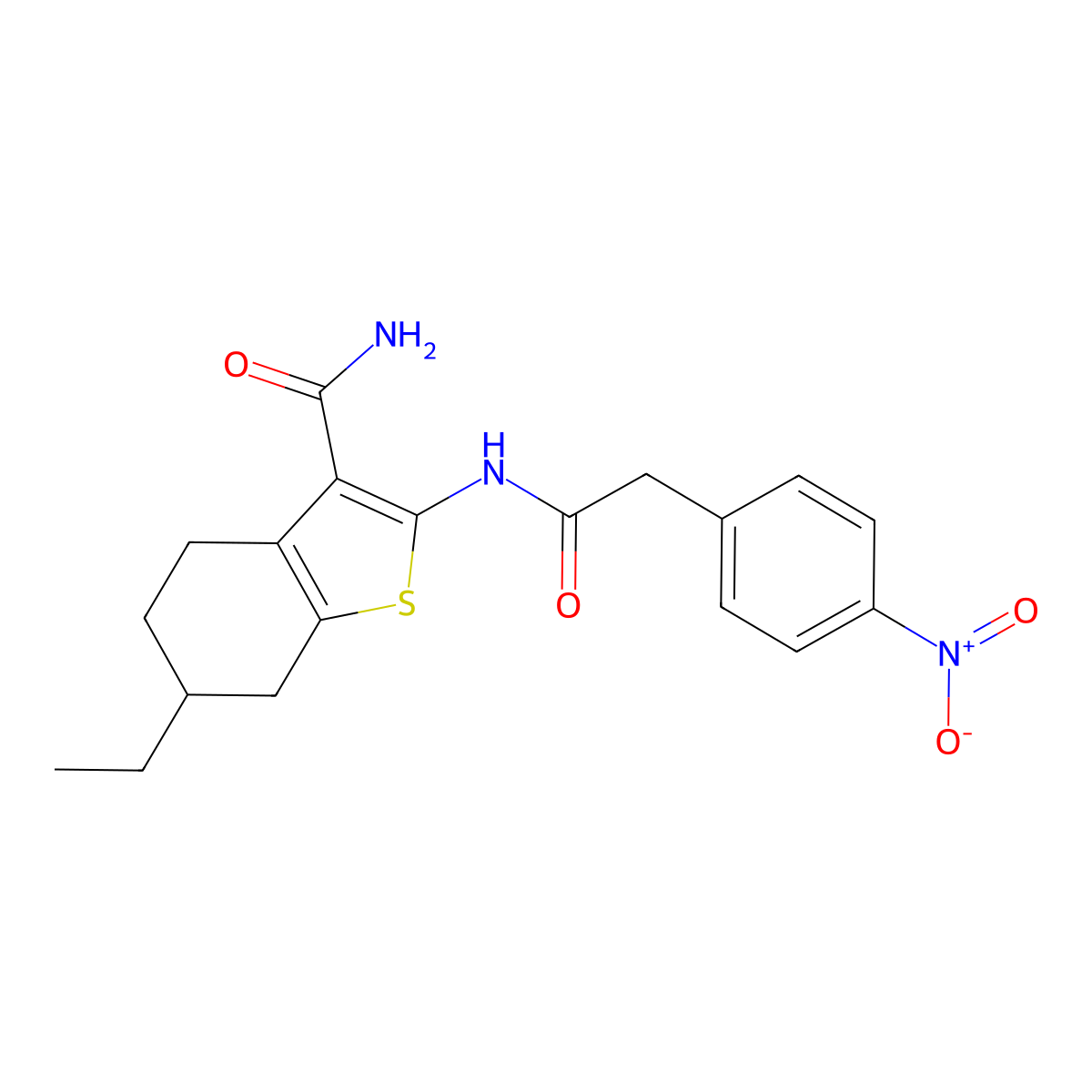 6-Ethyl-2-[[2-(4-nitrophenyl)acetyl]amino]-4,5,6,7-tetrahydro-1-benzothiophene-3-carboxamide molecular structure, CAS 544668-14-6