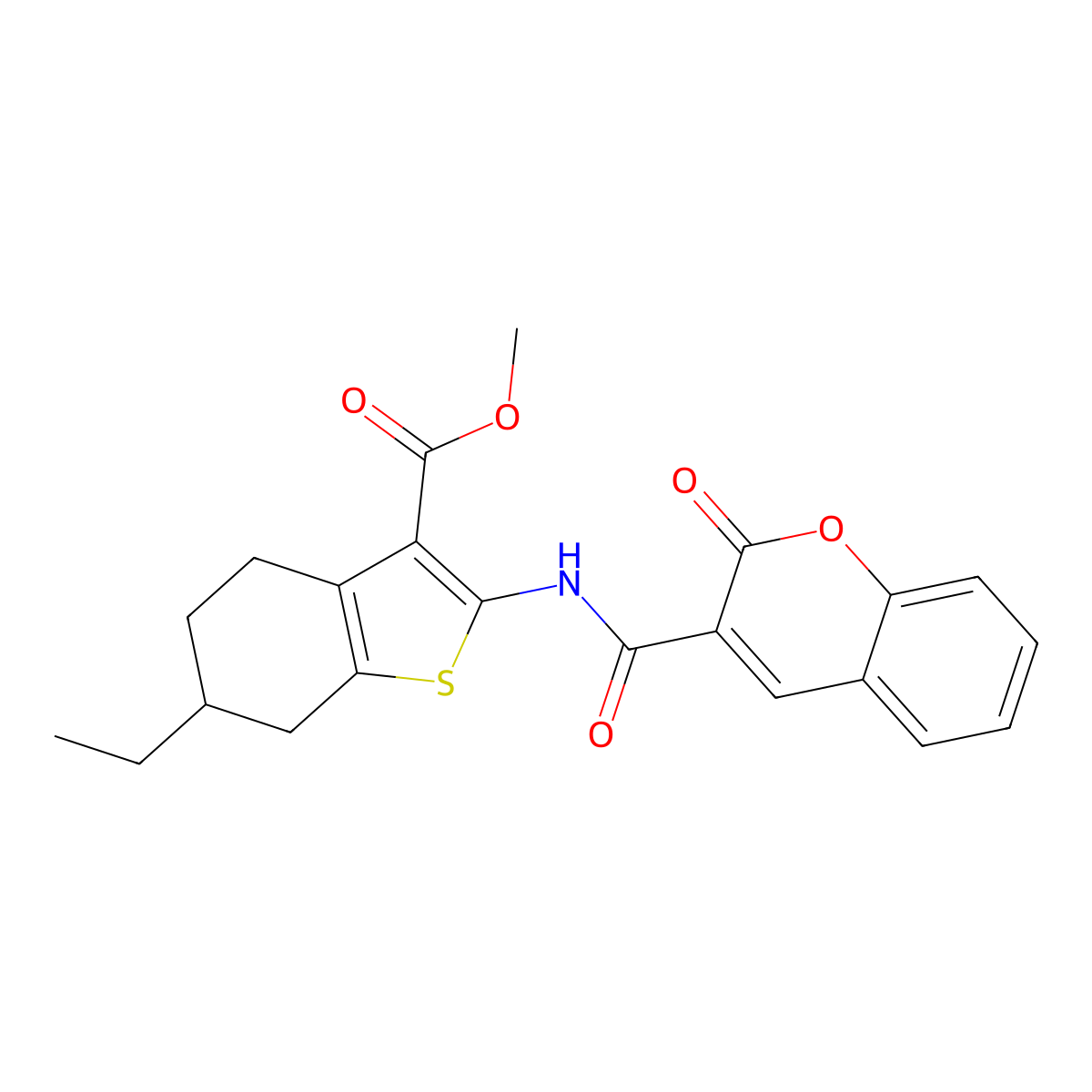 methyl 6-ethyl-2-{[(2-oxo-2H-chromen-3-yl)carbonyl]amino}-4,5,6,7-tetrahydro-1-benzothiophene-3-carboxylate molecular structure, CAS 544700-49-4