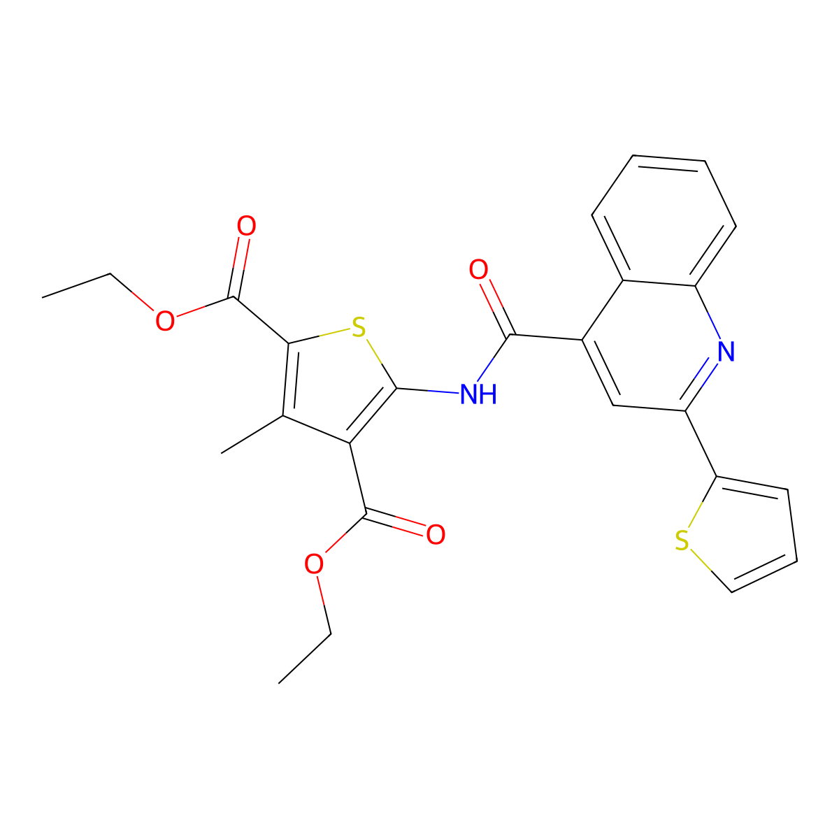Diethyl 3-methyl-5-(2-(thiophen-2-yl)quinoline-4-carboxamido)thiophene-2,4-dicarboxylate molecular structure, CAS 544701-35-1