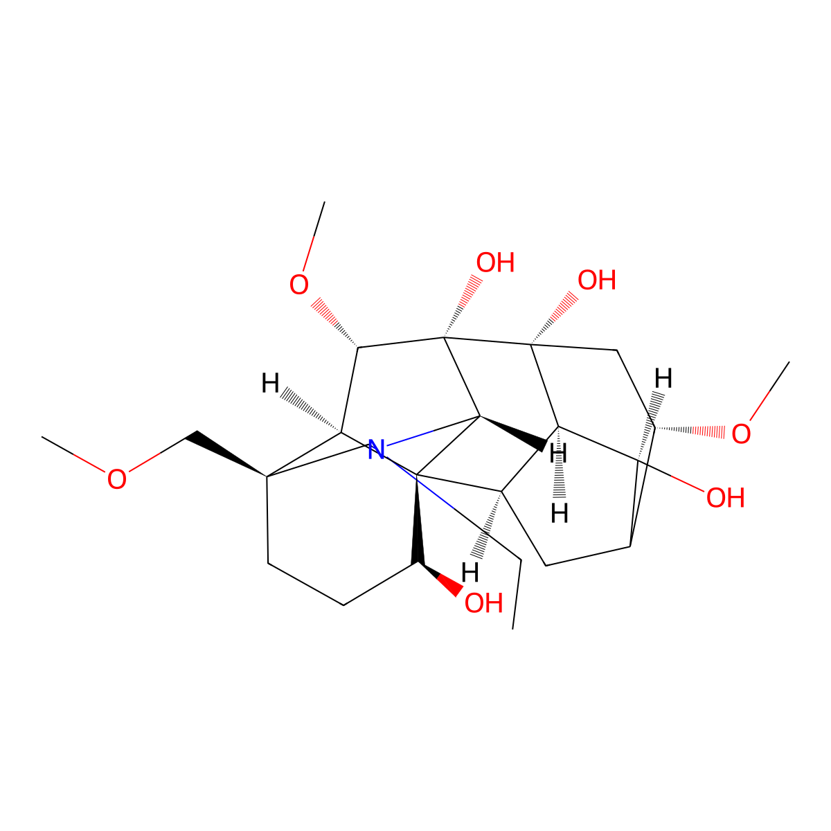 (1S,2R,3R,4S,6S,8R,9R,10S,13S,16S,17R,18S)-11-ethyl-6,18-dimethoxy-13-(methoxymethyl)-11-azahexacyclo[7.7.2.12,5.01,10.03,8.013,17]nonadecane-4,8,9,16-tetrol molecular structure, CAS 545-56-2