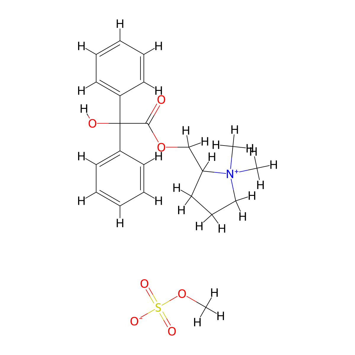 Pyrrolidinium, 2-(((2-hydroxy-2,2-diphenylacetyl)oxy)methyl)-1,1-dimethyl-, methyl sulfate (1:1) molecular structure, CAS 545-80-2