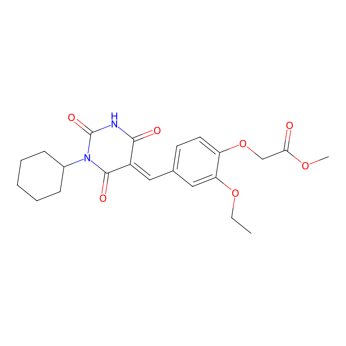Methyl 2-[4-[(1-cyclohexyl-2,4,6-trioxo-1,3-diazinan-5-ylidene)methyl]-2-ethoxy-phenoxy]acetate molecular structure, CAS 5453-63-4
