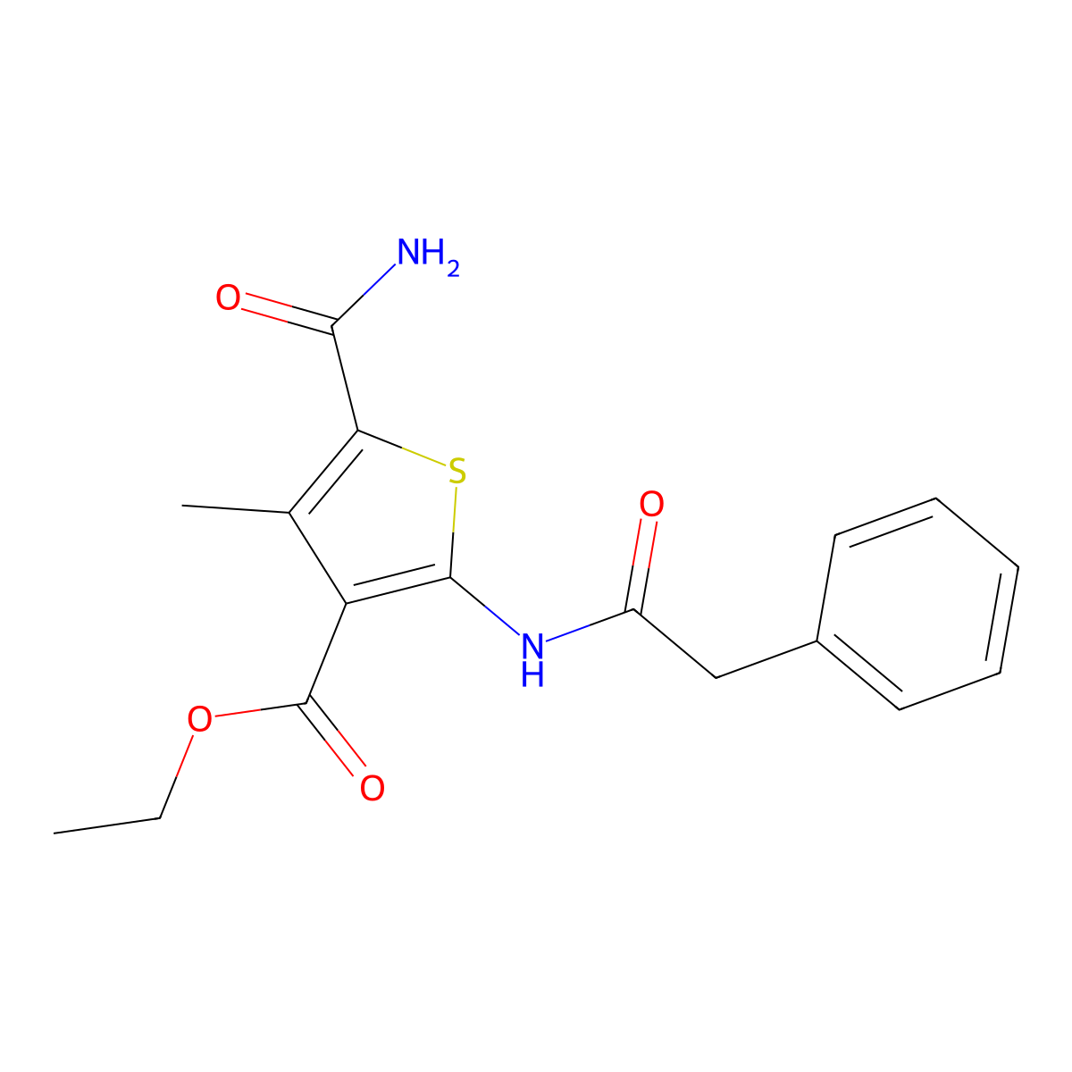 Ethyl 5-carbamoyl-4-methyl-2-[(2-phenylacetyl)amino]thiophene-3-carboxylate molecular structure, CAS 545347-85-1