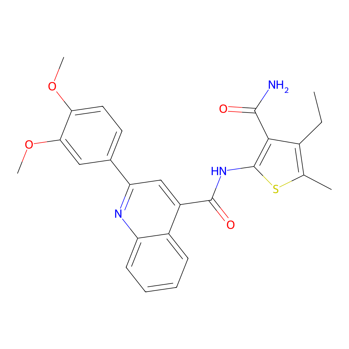 N-(3-carbamoyl-4-ethyl-5-methylthiophen-2-yl)-2-(3,4-dimethoxyphenyl)quinoline-4-carboxamide molecular structure, CAS 545353-20-6