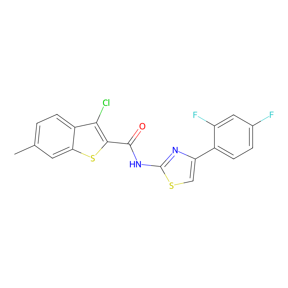 3-chloro-N-[4-(2,4-difluorophenyl)-1,3-thiazol-2-yl]-6-methyl-1-benzothiophene-2-carboxamide molecular structure, CAS 545360-72-3