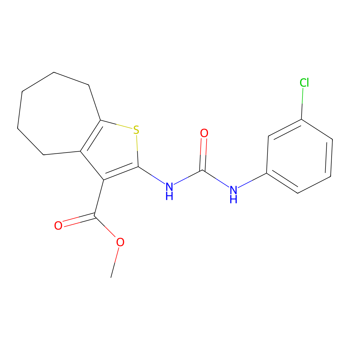 methyl 2-[(3-chlorophenyl)carbamoylamino]-5,6,7,8-tetrahydro-4H-cyclohepta[b]thiophene-3-carboxylate molecular structure, CAS 545364-54-3