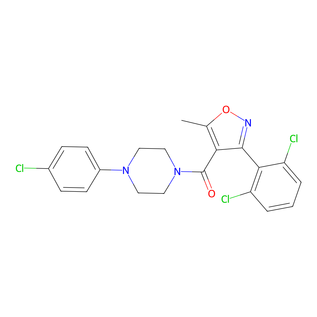 Methanone, [4-(4-chlorophenyl)-1-piperazinyl][3-(2,6-dichlorophenyl)-5-methyl-4-isoxazolyl]- molecular structure, CAS 545364-71-4