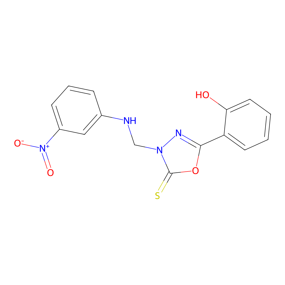 1,3,4-Oxadiazole-2(3H)-thione, 5-(2-hydroxyphenyl)-3-(((3-nitrophenyl)amino)methyl)- molecular structure, CAS 54543-83-8