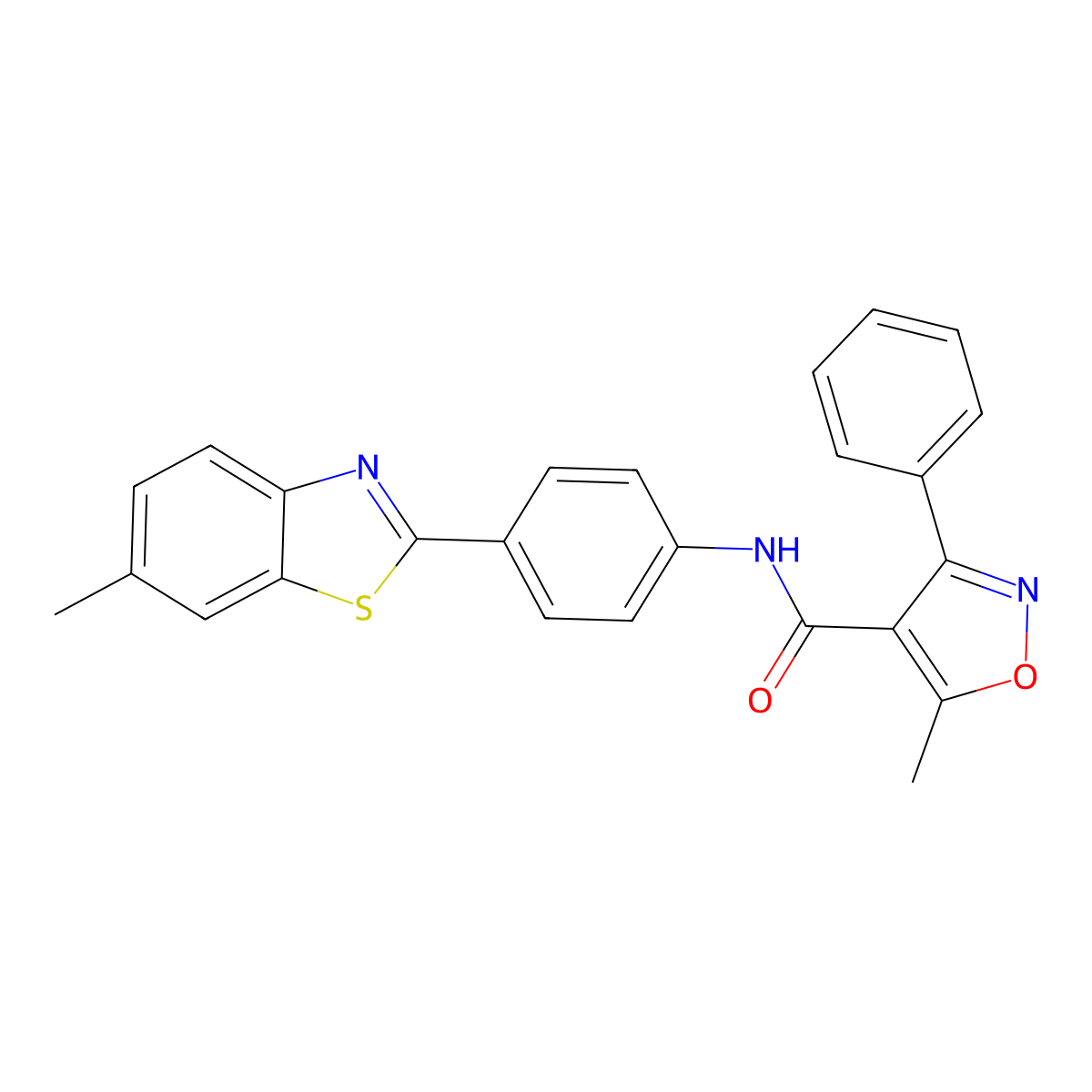 5-methyl-N-[4-(6-methyl-1,3-benzothiazol-2-yl)phenyl]-3-phenyl-1,2-oxazole-4-carboxamide molecular structure, CAS 545430-86-2