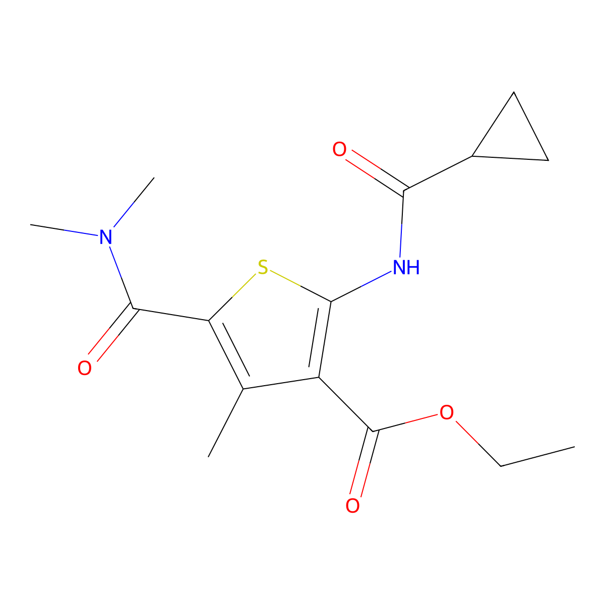 Ethyl 2-(cyclopropanecarbonylamino)-5-(dimethylcarbamoyl)-4-methylthiophene-3-carboxylate molecular structure, CAS 545437-27-2