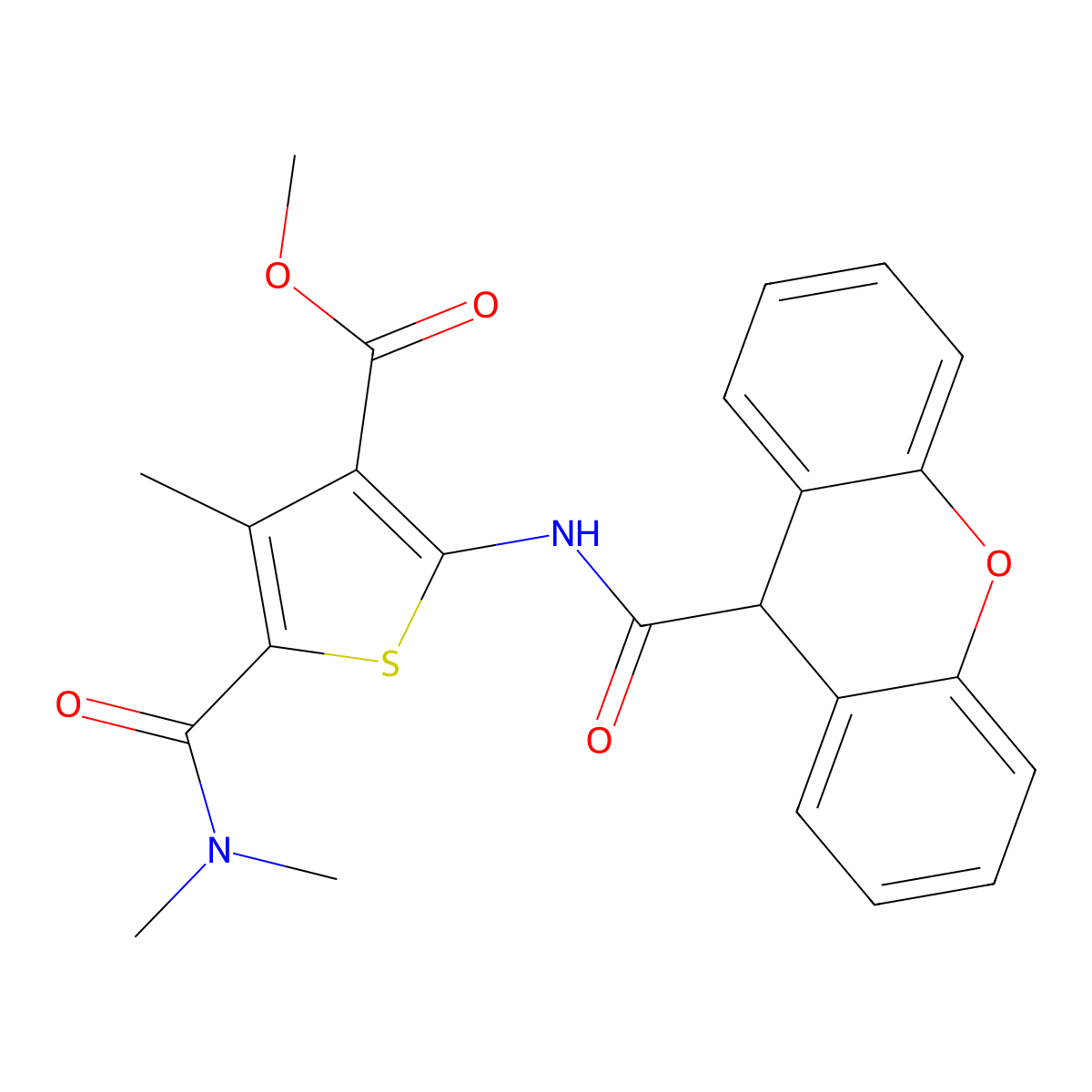 Methyl 5-(dimethylcarbamoyl)-4-methyl-2-(9H-xanthene-9-carbonylamino)thiophene-3-carboxylate molecular structure, CAS 545438-00-4