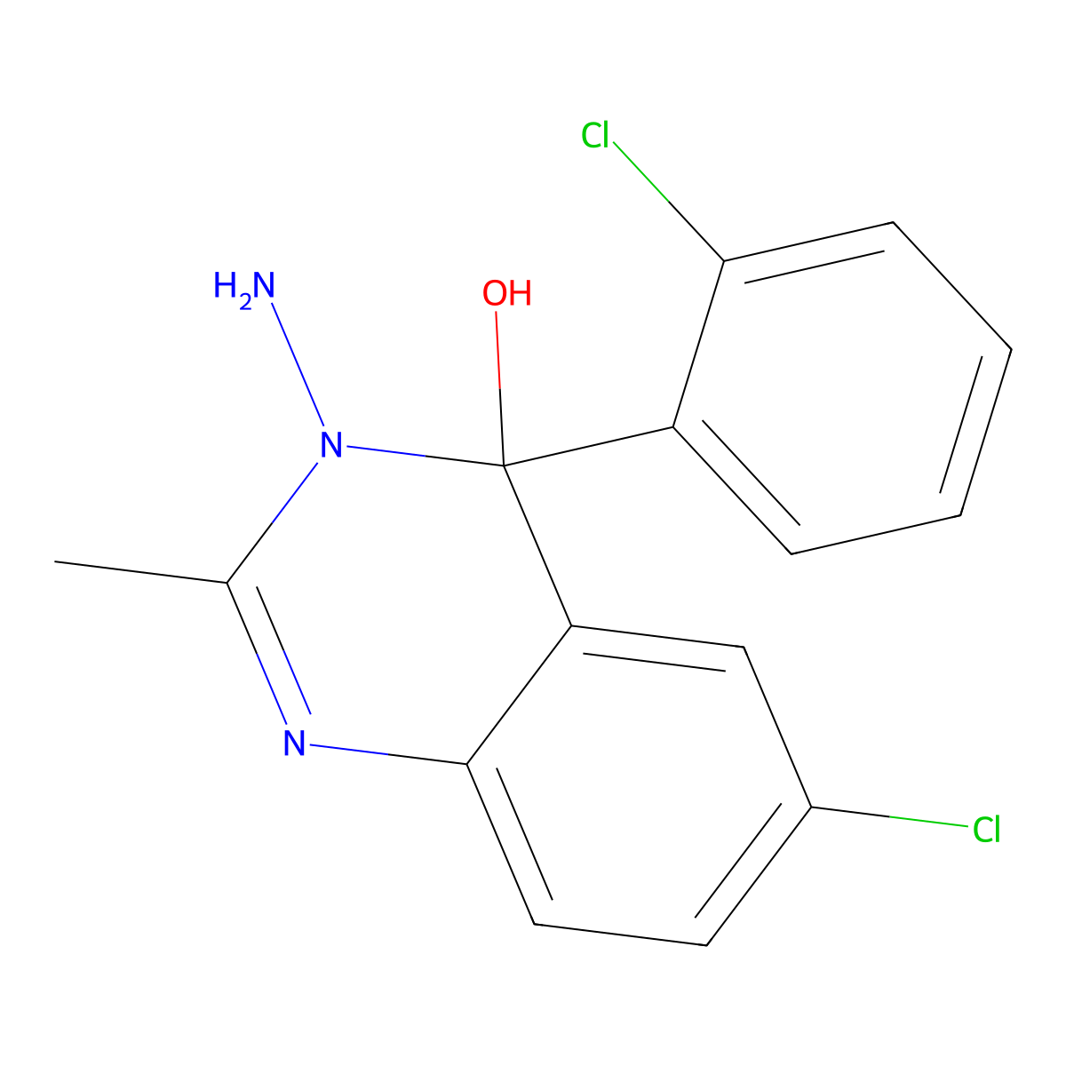 3-Amino-6-chloro-4-(2-chlorophenyl)-3,4-dihydro-2-methyl-4-quinazolinol molecular structure, CAS 54567-12-3