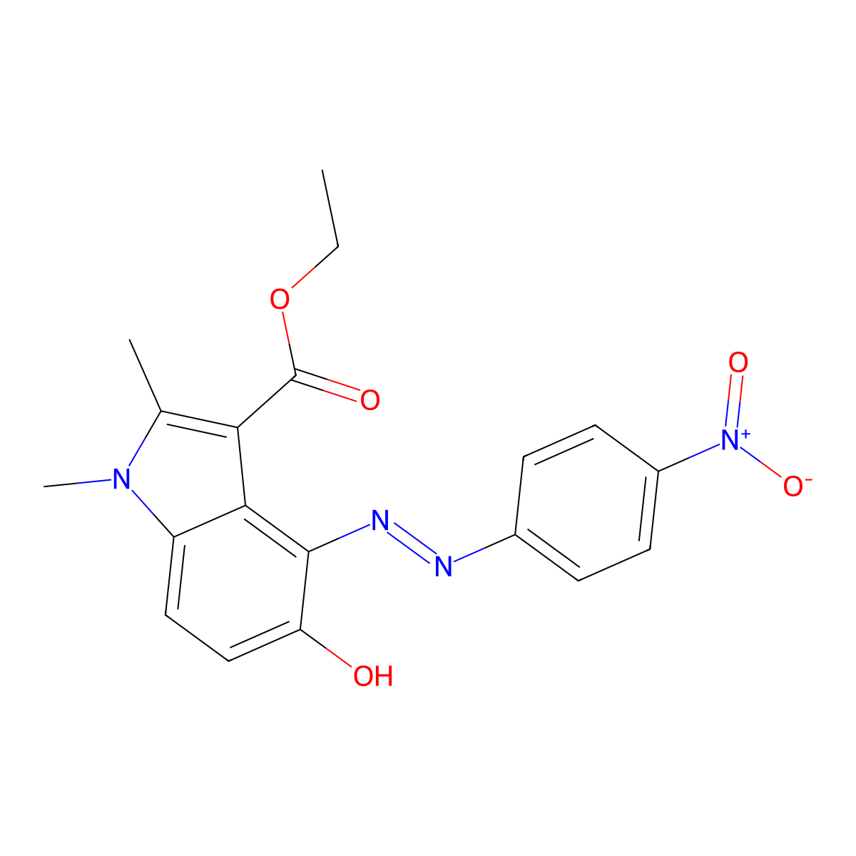 ethyl 5-hydroxy-1,2-dimethyl-4-[(E)-(4-nitrophenyl)diazenyl]-1H-indole-3-carboxylate molecular structure, CAS 54569-03-8