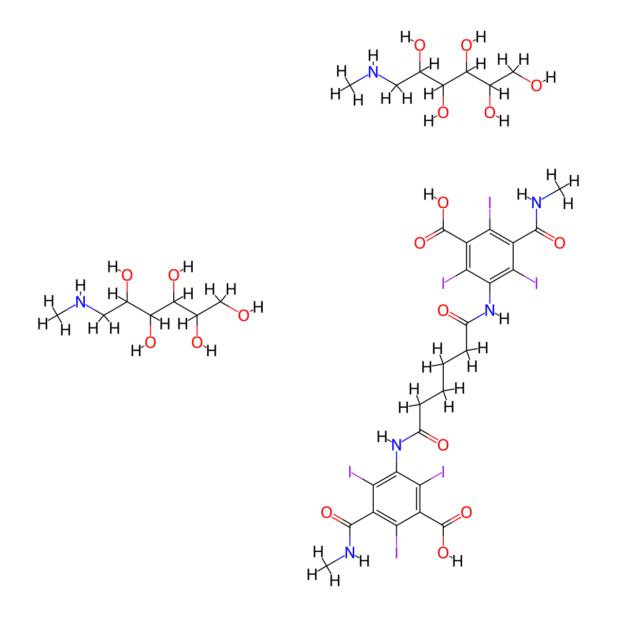 Bis[1-deoxy-1-(methylammonio)-D-glucitol] 3,3'-(adipoyldiimino)bis[2,4,6-triiodo-5-(N-methylcarbamoyl)benzoate] molecular structure, CAS 54605-45-7