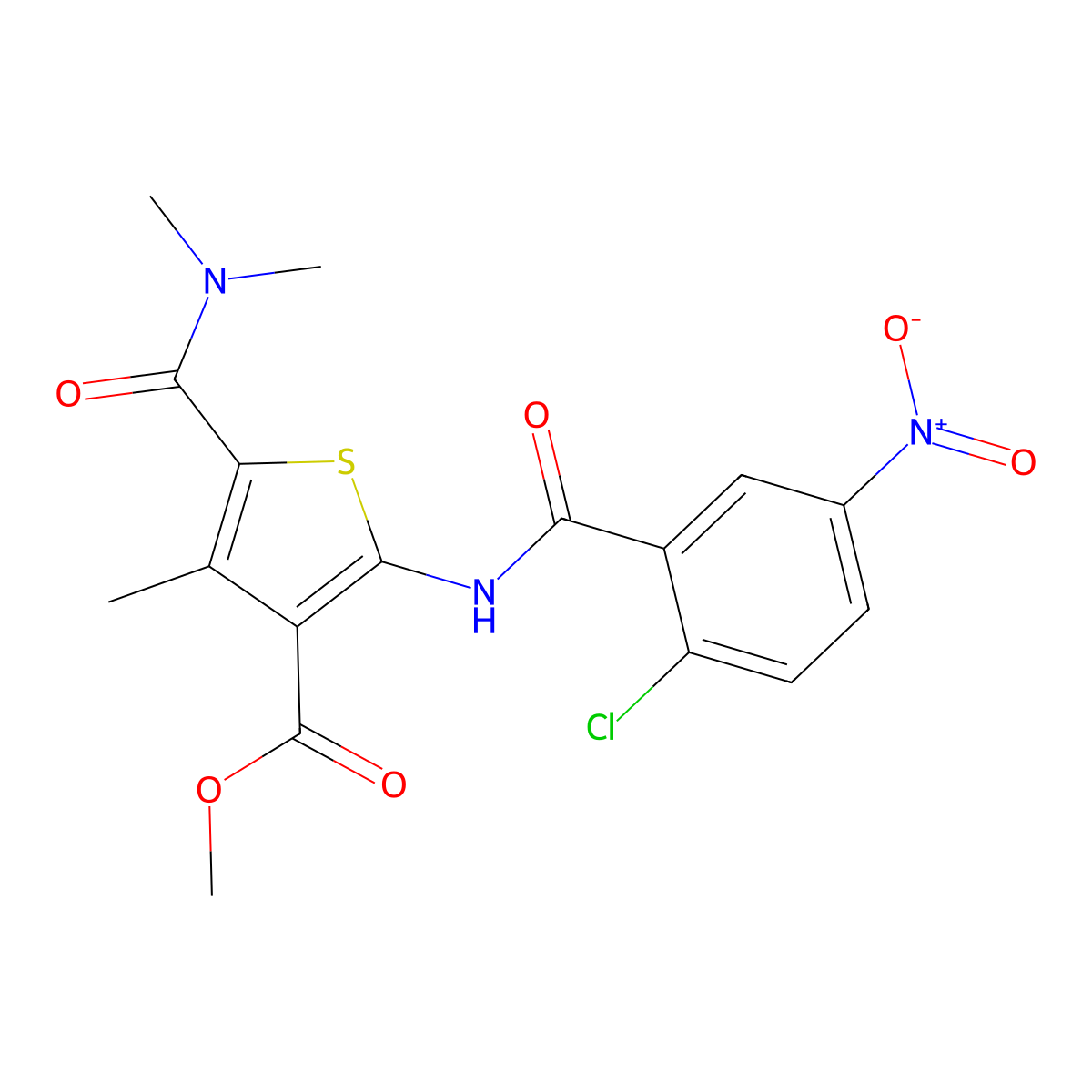 Methyl 2-[(2-chloro-5-nitrobenzoyl)amino]-5-(dimethylcarbamoyl)-4-methylthiophene-3-carboxylate molecular structure, CAS 546083-29-8