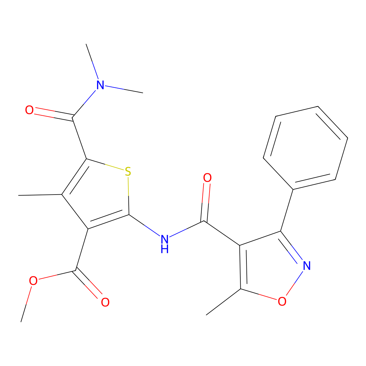 Methyl 5-[(dimethylamino)carbonyl]-4-methyl-2-{[(5-methyl-3-phenyl-4-isoxazolyl)carbonyl]amino}-3-thiophenecarboxylate molecular structure, CAS 546088-01-1