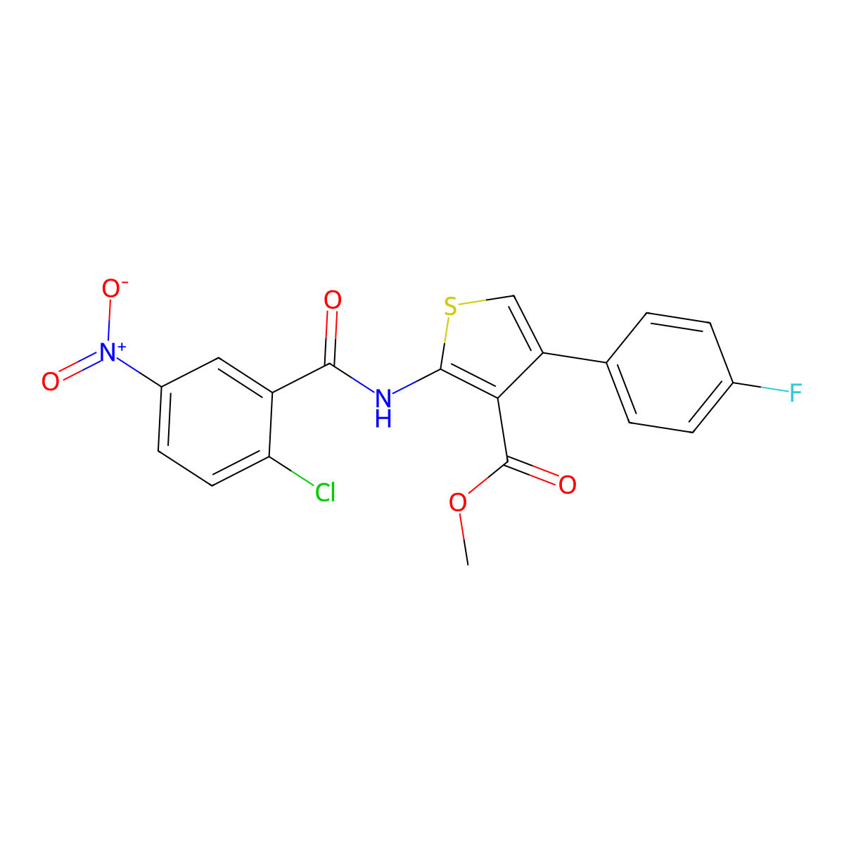 Methyl 2-({2-chloro-5-nitrobenzoyl}amino)-4-(4-fluorophenyl)-3-thiophenecarboxylate molecular structure, CAS 546096-76-8