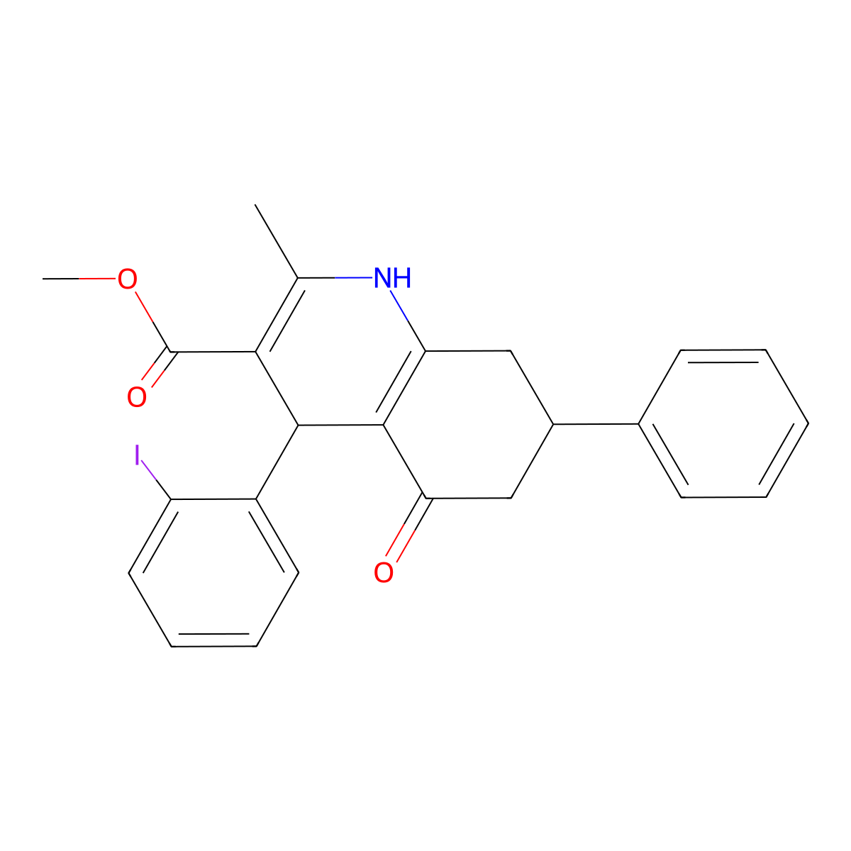 methyl 4-(2-iodophenyl)-2-methyl-5-oxo-7-phenyl-4,6,7,8-tetrahydro-1H-quinoline-3-carboxylate molecular structure, CAS 5467-29-8