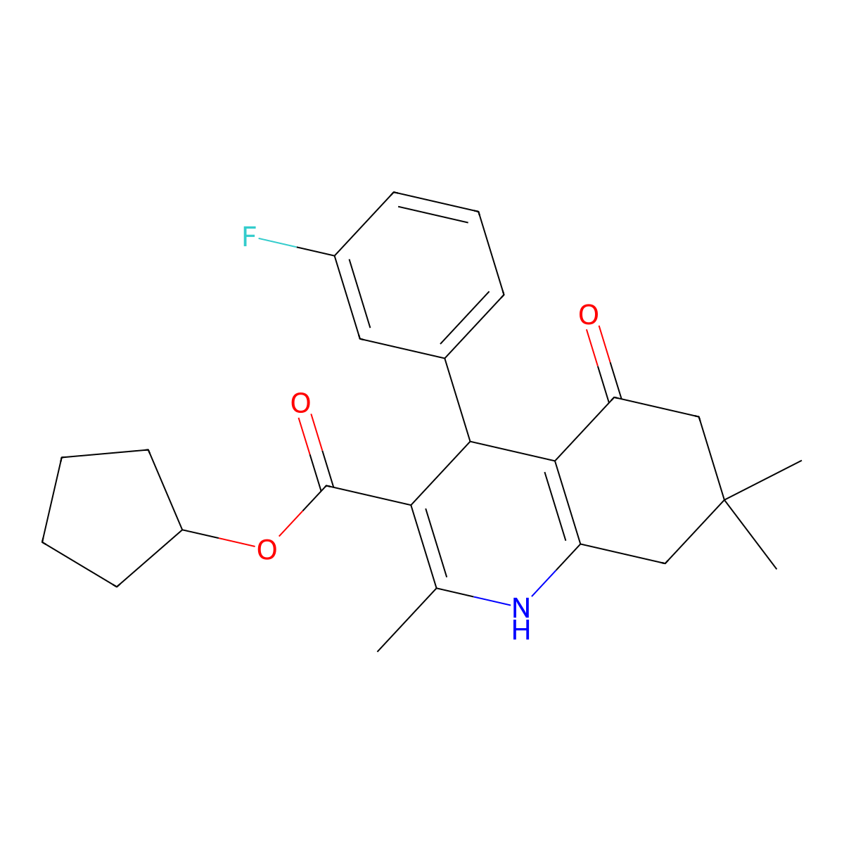 Cyclopentyl 4-(3-fluorophenyl)-2,7,7-trimethyl-5-oxo-1,4,5,6,7,8-hexahydroquinoline-3-carboxylate molecular structure, CAS 5467-38-9