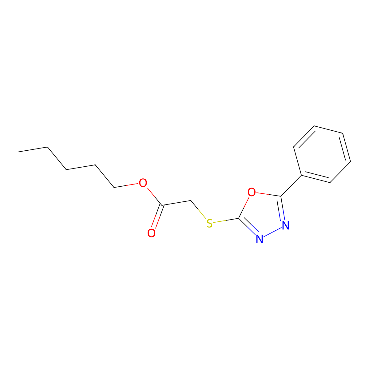 Pentyl [(5-phenyl-1,3,4-oxadiazol-2-yl)sulfanyl]acetate molecular structure, CAS 5471-21-6
