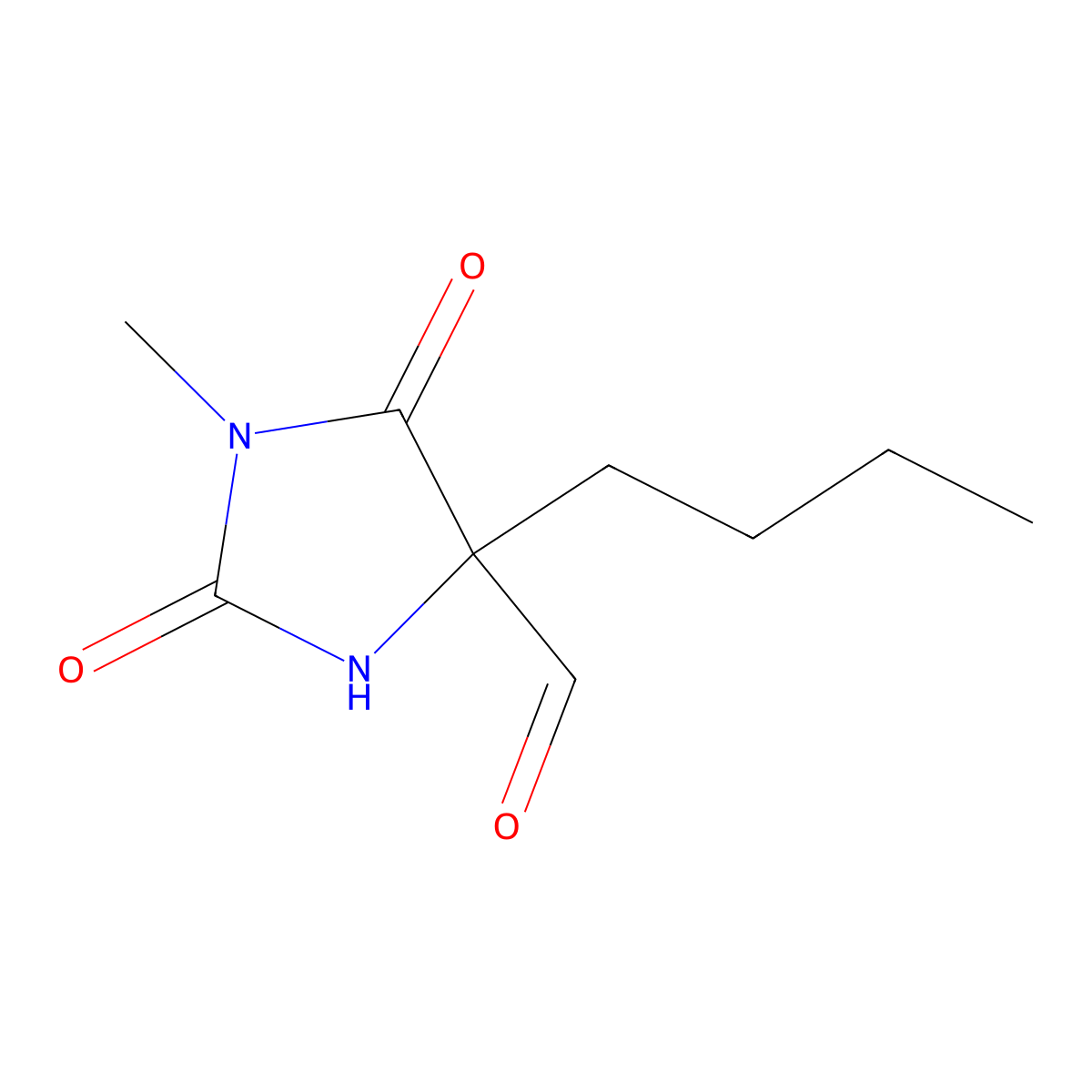 4-Butyl-1-methyl-2,5-dioxoimidazolidine-4-carbaldehyde molecular structure, CAS 5471-58-9