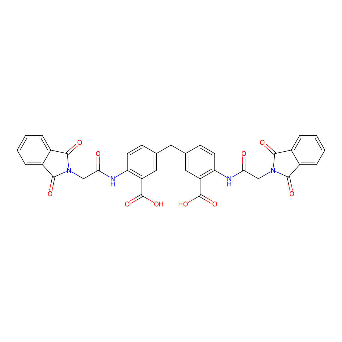 5-[[3-Carboxy-4-[[2-(1,3-dioxoisoindol-2-yl)acetyl]amino]phenyl]methyl]-2-[[2-(1,3-dioxoisoindol-2-yl)acetyl]amino]benzoic acid molecular structure, CAS 5476-04-0