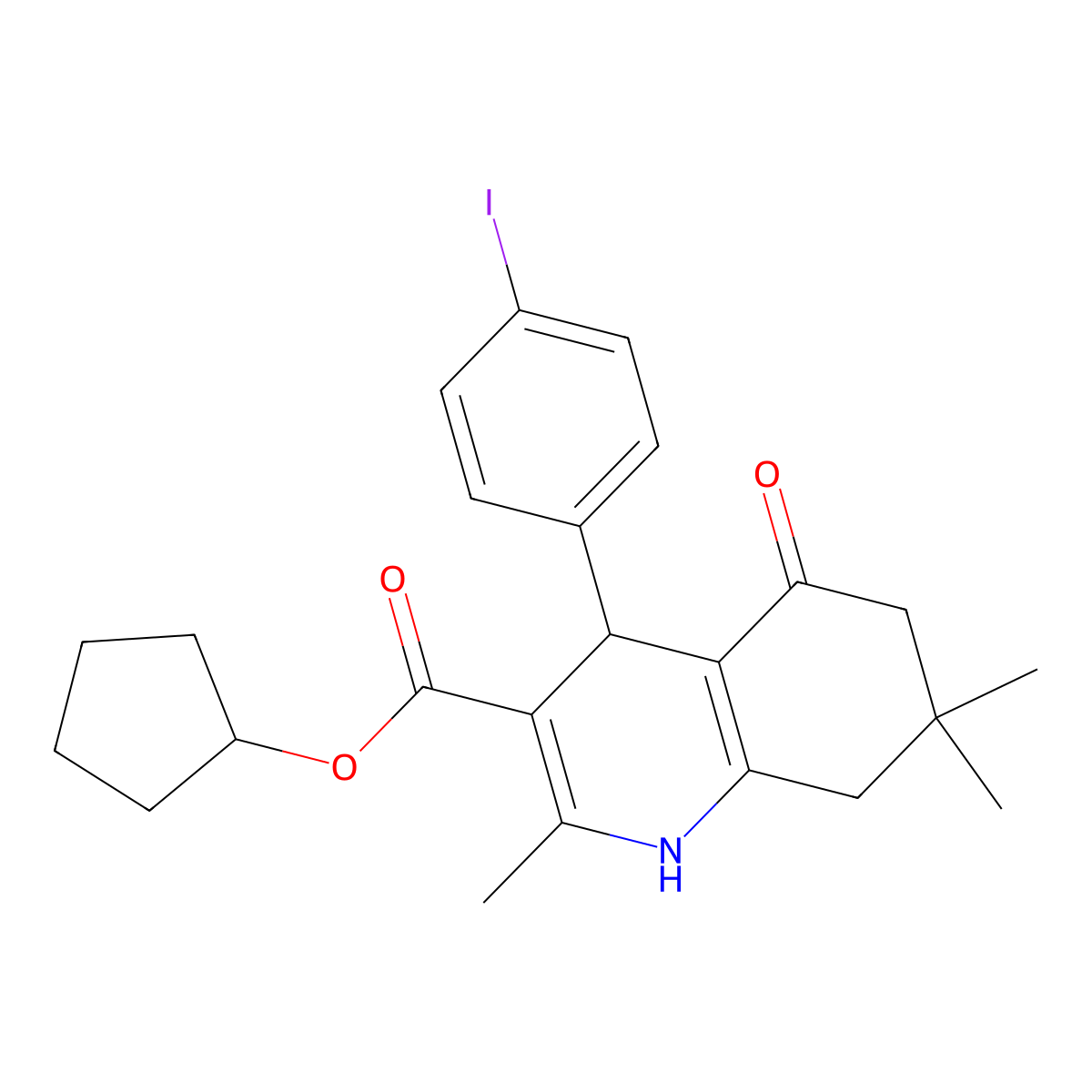 Cyclopentyl 4-(4-iodophenyl)-2,7,7-trimethyl-5-oxo-1,4,5,6,7,8-hexahydroquinoline-3-carboxylate molecular structure, CAS 5477-18-9