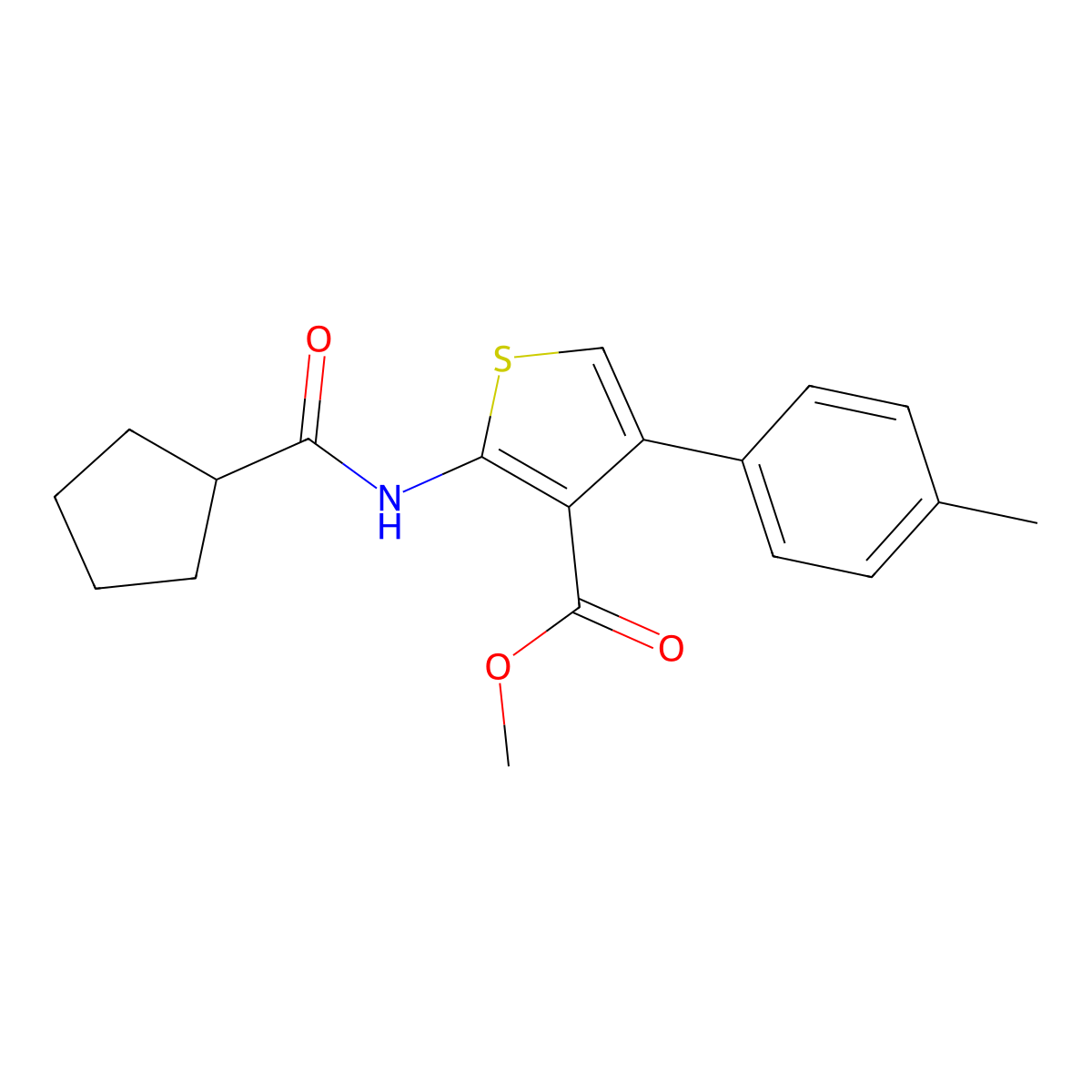 Methyl 2-(cyclopentanecarbonylamino)-4-(4-methylphenyl)thiophene-3-carboxylate molecular structure, CAS 547706-69-4