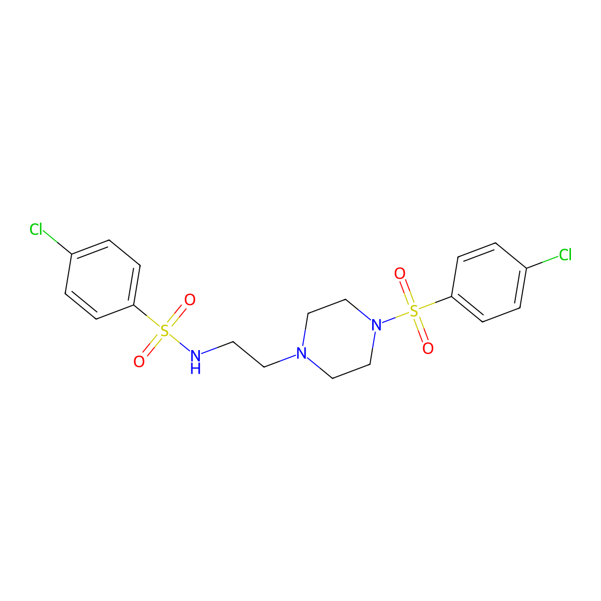 4-Chloro-1-((4-(2-(((4-chlorophenyl)sulfonyl)amino)ethyl)piperazinyl)sulfonyl)benzene molecular structure, CAS 547733-50-6
