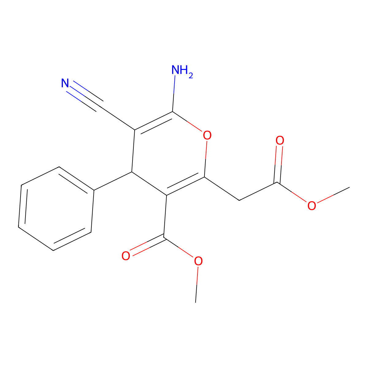 methyl 6-amino-5-cyano-2-(2-methoxy-2-oxoethyl)-4-phenyl-4H-pyran-3-carboxylate molecular structure, CAS 547769-51-7