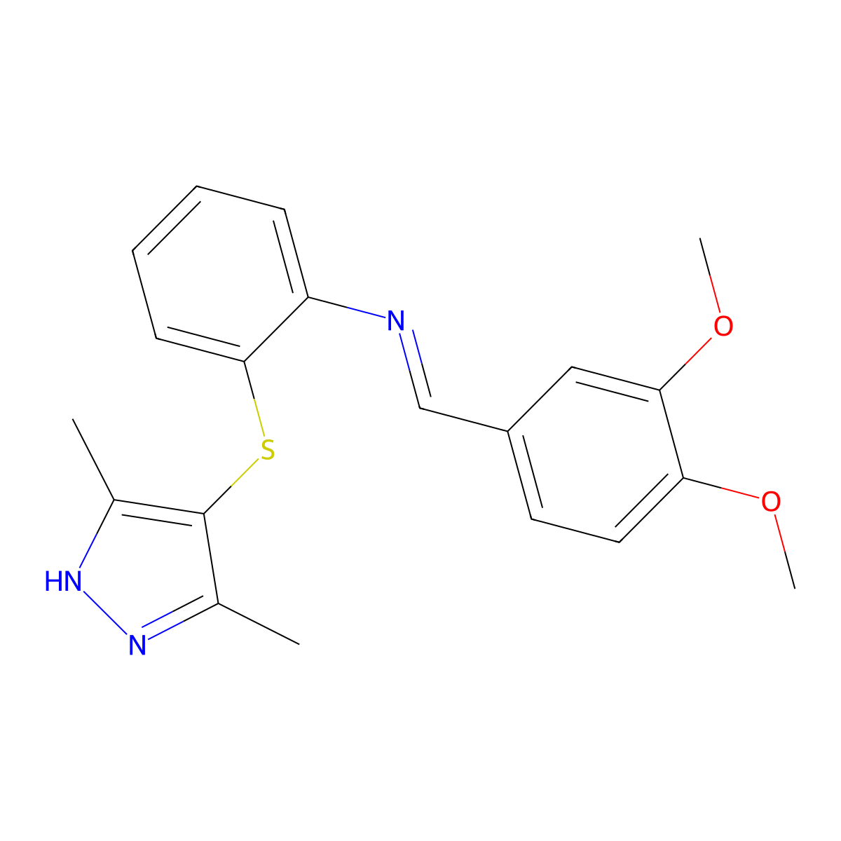 1-(3,4-dimethoxyphenyl)-N-[2-[(3,5-dimethyl-1H-pyrazol-4-yl)sulfanyl]phenyl]methanimine molecular structure, CAS 5482-49-5