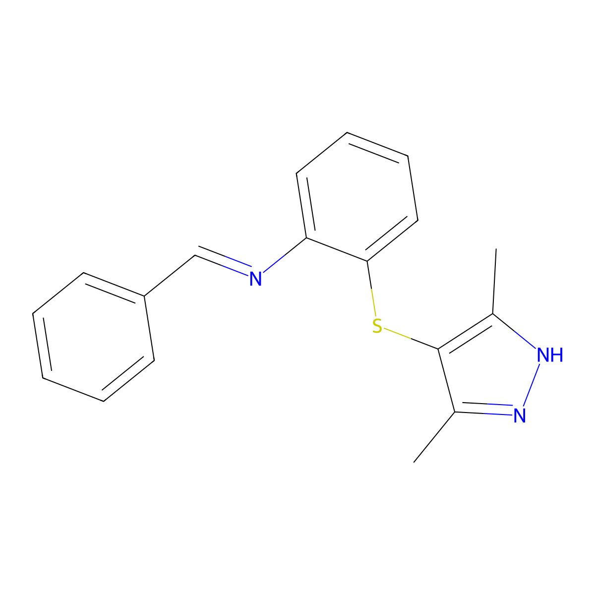 2-[(3,5-dimethyl-1H-pyrazol-4-yl)sulfanyl]-N-[(E)-phenylmethylidene]aniline molecular structure, CAS 5483-69-2