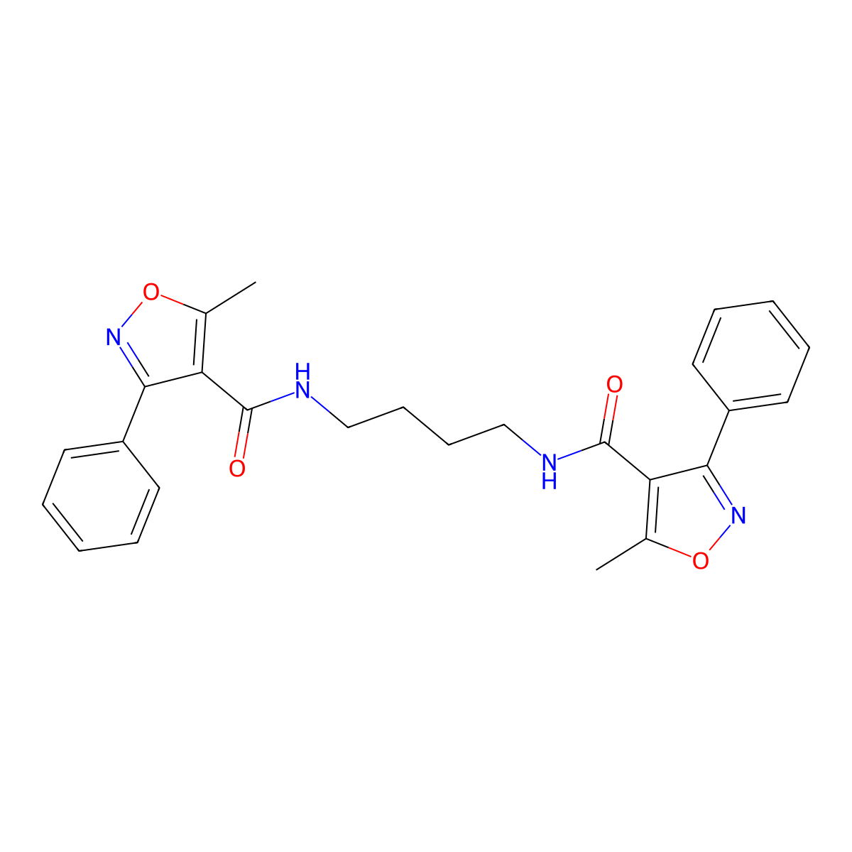5-methyl-N-[4-[(5-methyl-3-phenyl-1,2-oxazole-4-carbonyl)amino]butyl]-3-phenyl-1,2-oxazole-4-carboxamide molecular structure, CAS 548469-78-9