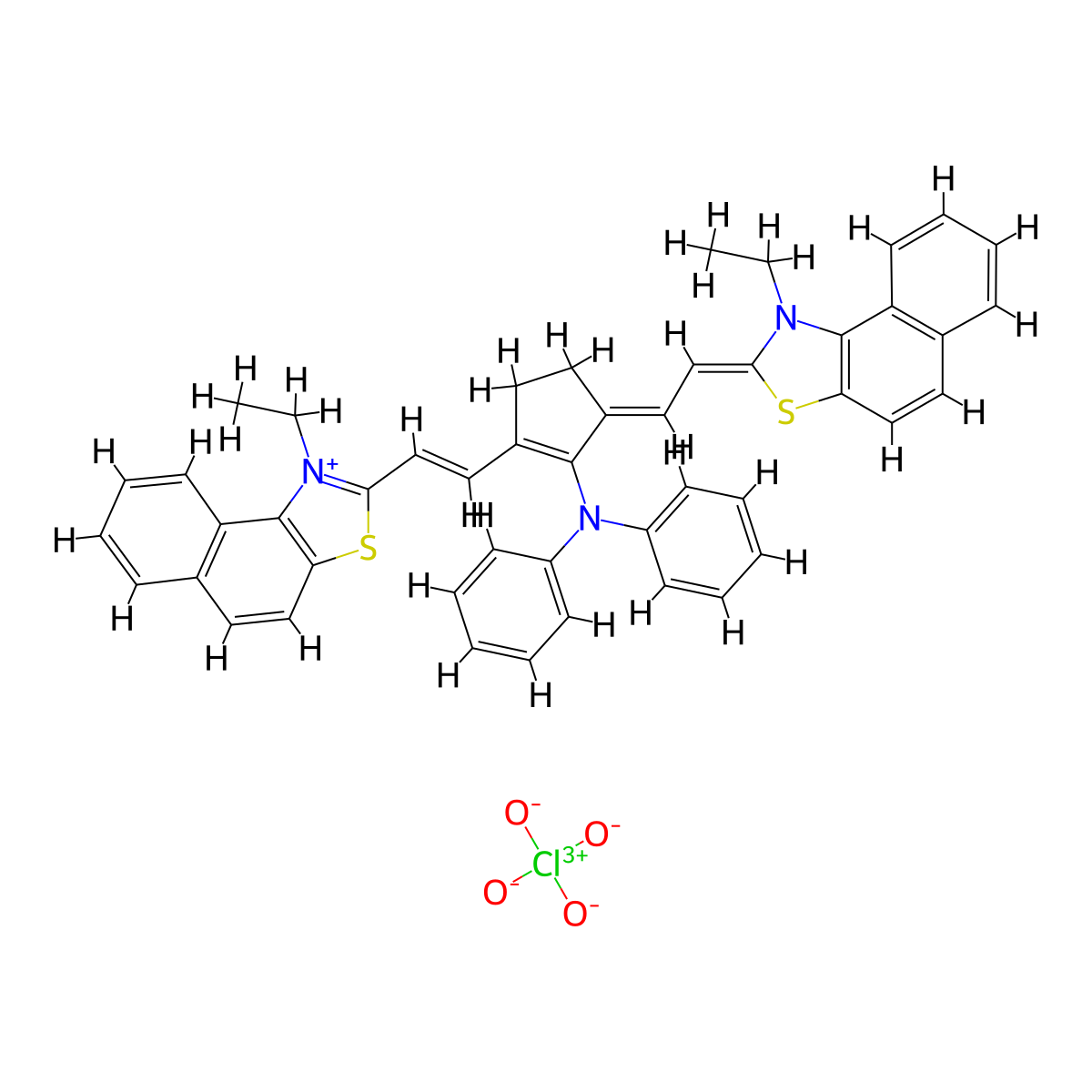 2-{2-[2-(diphenylamino)-3-(2-{1-ethyl-1H,2H-naphtho[1,2-d][1,3]thiazol-2-ylidene}ethylidene)cyclopent-1-en-1-yl]ethenyl}-1-ethylnaphtho[1,2-d][1,3]thiazol-1-ium perchlorate molecular structure, CAS 54849-65-9