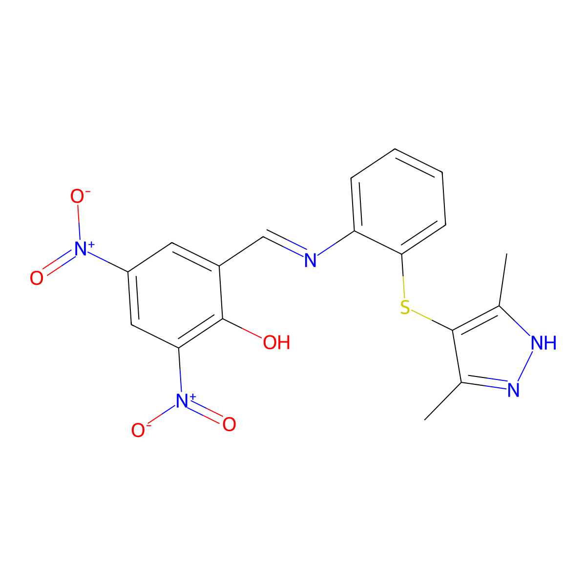 (6E)-6-({2-[(3,5-Dimethyl-1H-pyrazol-4-yl)sulfanyl]anilino}methylidene)-2,4-dinitrocyclohexa-2,4-dien-1-one molecular structure, CAS 5485-59-6