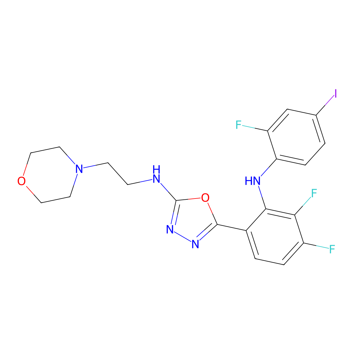 5-[3,4-difluoro-2-(2-fluoro-4-iodoanilino)phenyl]-N-(2-morpholin-4-ylethyl)-1,3,4-oxadiazol-2-amine molecular structure, CAS 548756-68-9