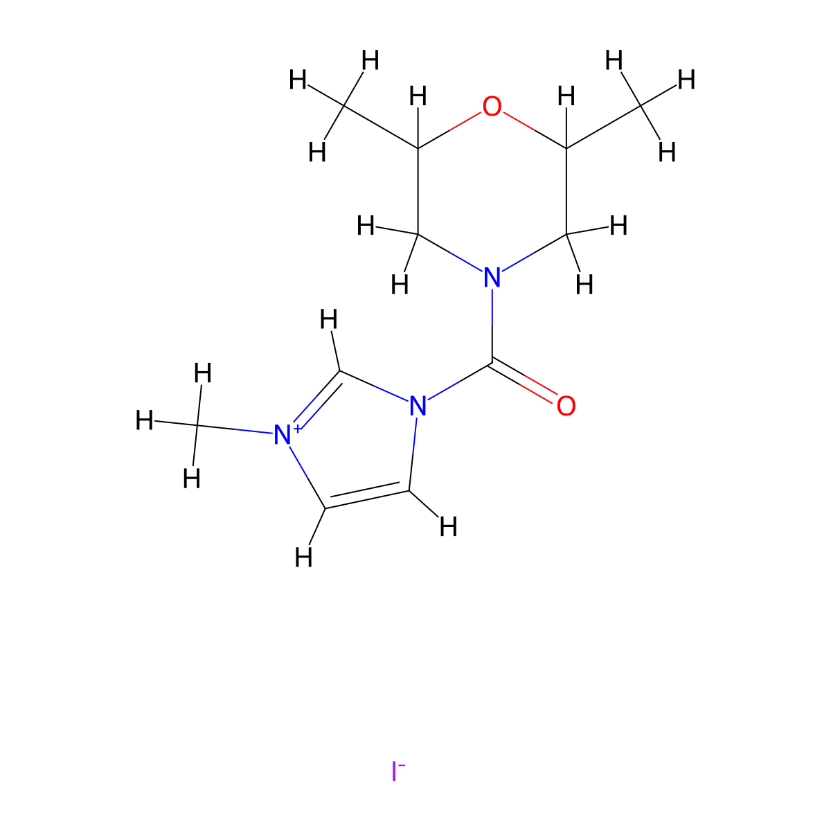 1-(2,6-dimethylmorpholine-4-carbonyl)-3-methyl-1H-imidazol-3-ium iodide molecular structure, CAS 548763-25-3