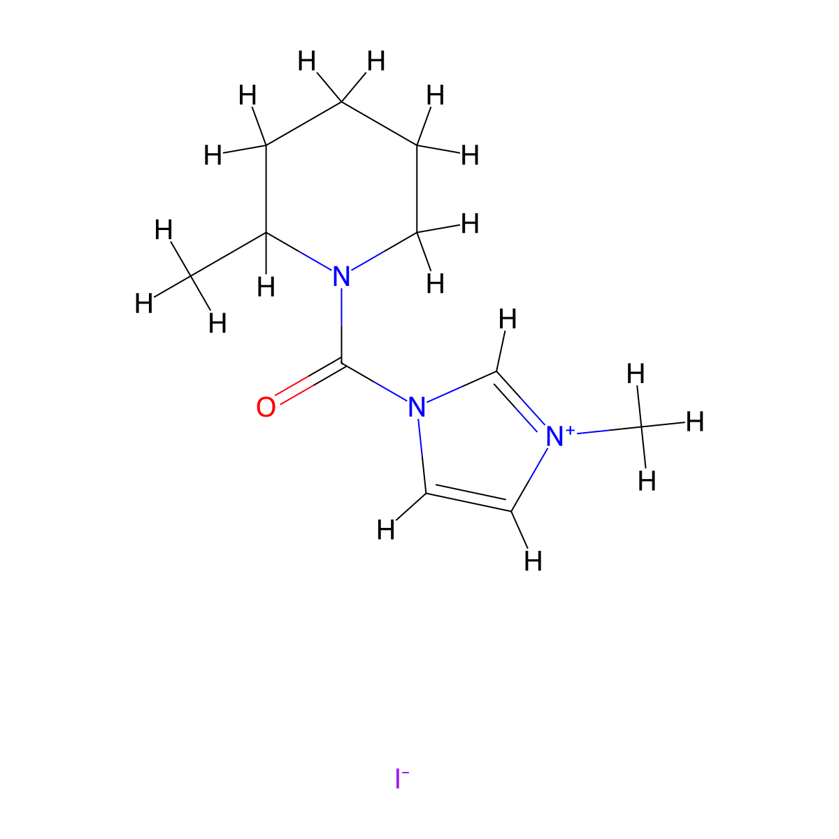 3-methyl-1-(2-methylpiperidine-1-carbonyl)-1H-imidazol-3-ium iodide molecular structure, CAS 548763-36-6