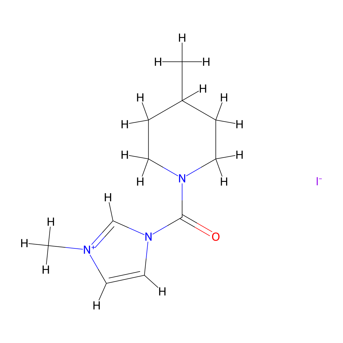 3-methyl-1-(4-methylpiperidine-1-carbonyl)-1H-imidazol-3-ium iodide molecular structure, CAS 548763-40-2