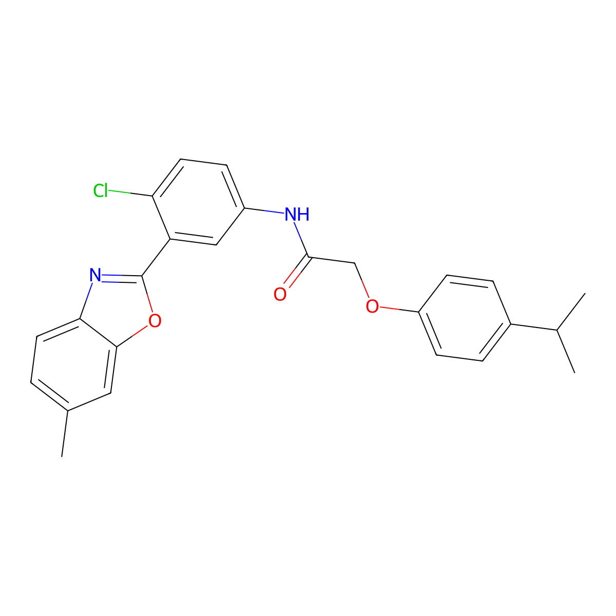 N-[4-chloro-3-(6-methyl-1,3-benzoxazol-2-yl)phenyl]-2-[4-(propan-2-yl)phenoxy]acetamide molecular structure, CAS 5491-81-6